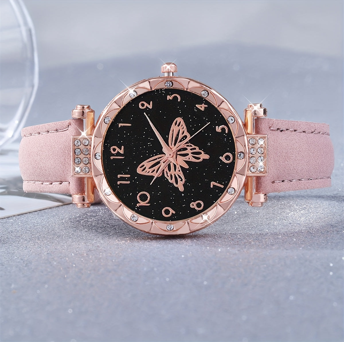 6pcs Lovely Pink Butterfly Shell Quartz Watch, Bracelet, Necklace & Earrings Set - Pointer Display, Electronic Quartz Movement, Non-Rechargeable Battery – Ideal Gift for Valentine’s Day, Easter & Eid al-Fitr – Best Pres